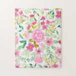 Puzzle Pretty pastel pink green floral watercolor pattern<br><div class="desc">A pretty,  modern and girly hand painted elegant floral watercolor with pink,  green yellow watercolours botanical bouquet jigsaw puzzle. Advanced level.</div>