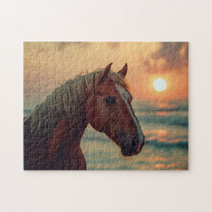 Puzzle Profil du cheval Coucher de soleil sur la plage