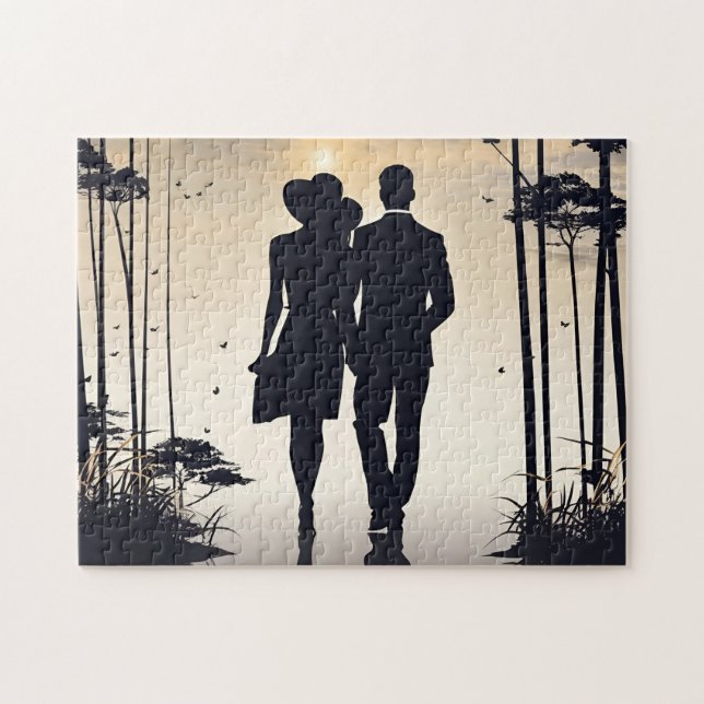 Puzzle Promenade vers le lever du soleil : Couple en silh (Horizontal)
