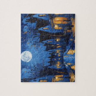 Puzzle Pueblo de noche con luces y faroles