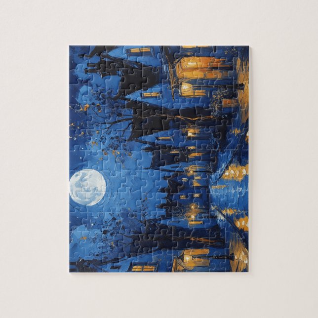 Puzzle Pueblo de noche con luces y faroles (Vertical)