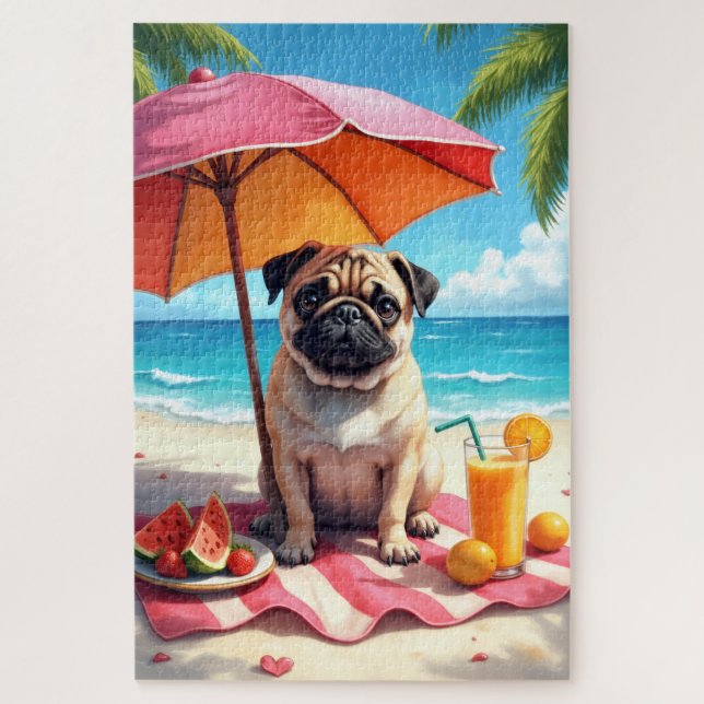 Puzzle Pug Beach Relax Scene (Vertical)