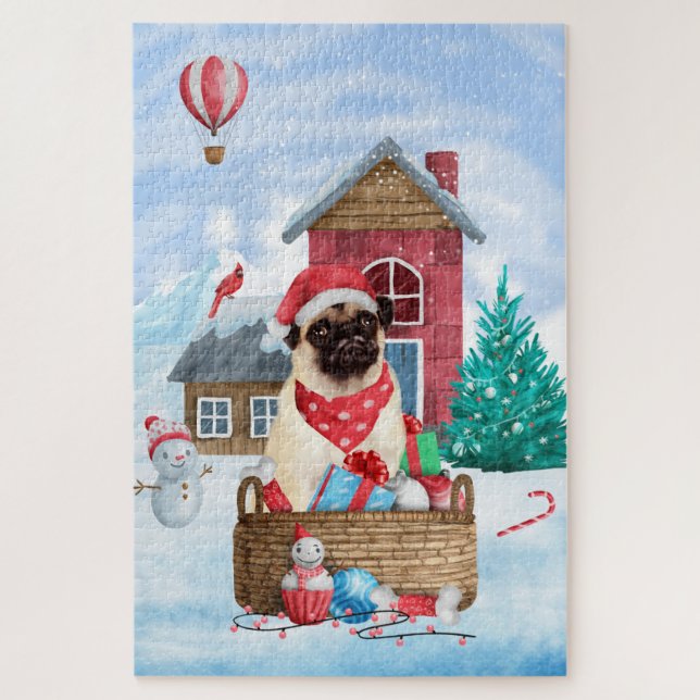 Puzzle Pug Chien Dans Maison De Noël enneigée  (Vertical)