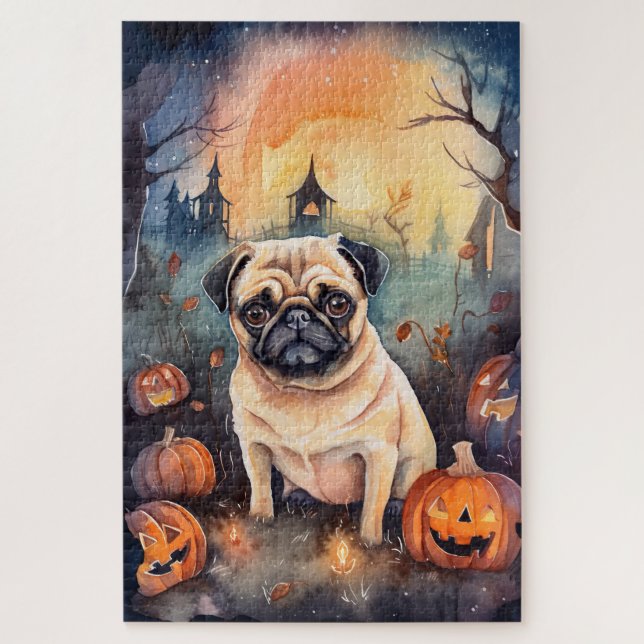 Puzzle Pug d'Halloween avec citrouilles effrayantes (Vertical)