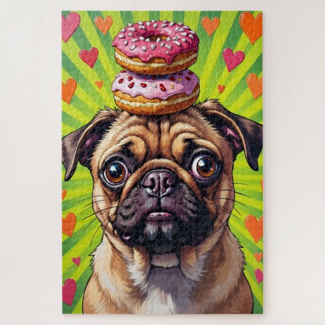 Puzzle Pug Dog Valentine's Day Heart Donut Stack (Vertical)