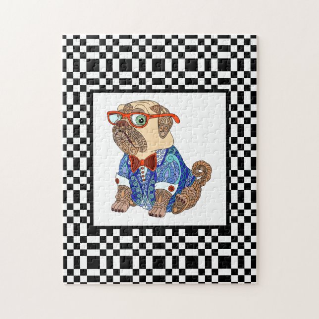 Puzzle Pug hipster sur un damier noir et blanc difficile (Vertical)