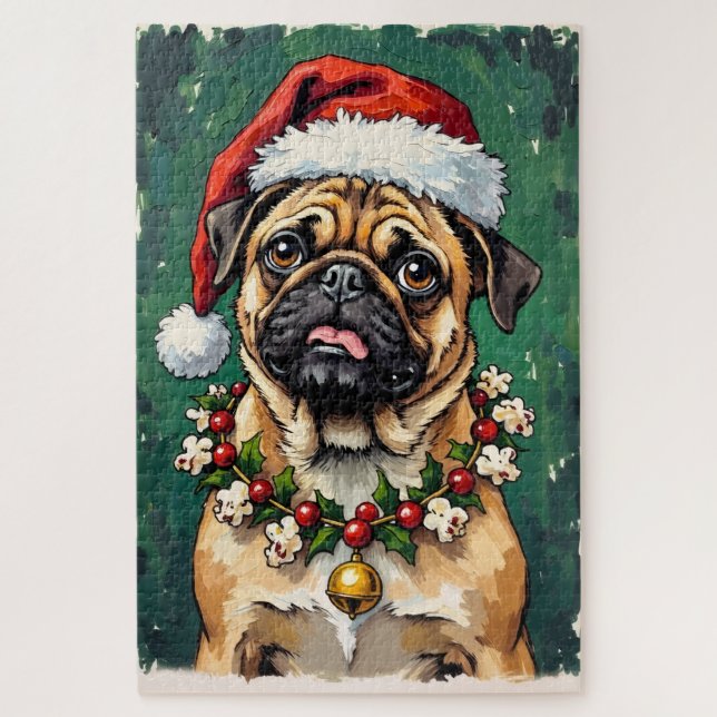 Puzzle Pug mangeant le chapeau de guirlande de Noël (Vertical)