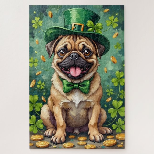 Puzzle Pug Saint-Patrick drôle chanceux Chien (Vertical)