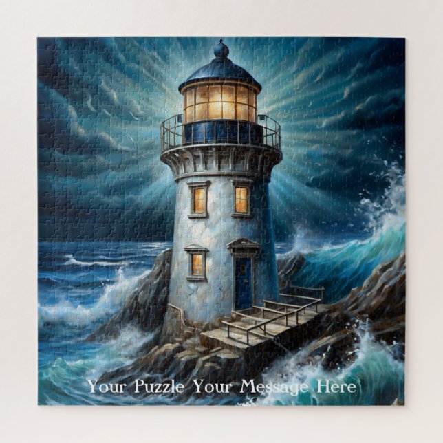 Puzzle Puissant orage s'écrasant contre un phare (Vertical)
