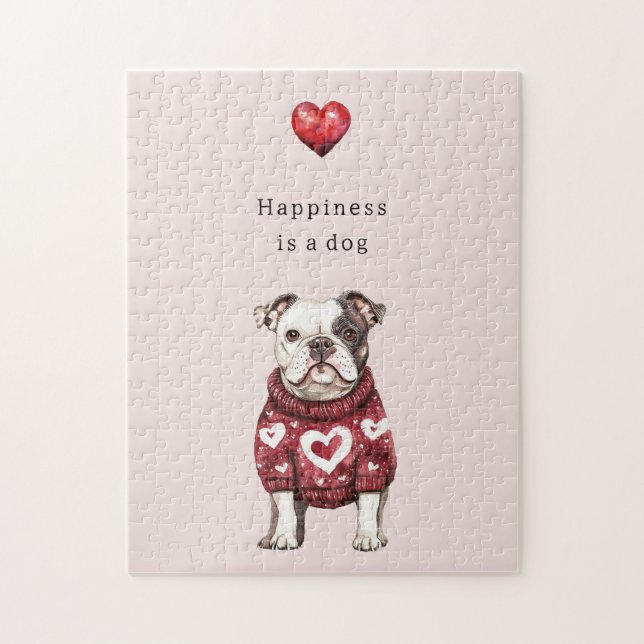 Puzzle Pullover rouge coeurs blancs Le bonheur est un chi (Vertical)