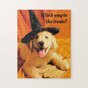 Puzzle Pup With Witch Hat and Broom