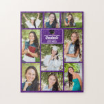 Puzzle Purple Graduate Photo Collage Graduation Cadeau<br><div class="desc">Ce puzzle de collage photo moderne violet de troisième cycle présente vos 9 photos préférées d'étudiants. Ce design de graduation présente une typographie blanche de classe de votre lycée ou nom de collège pour la classe de 2025. Customisez ce cadeau de keepsaké avec votre année de graduation en dessous du...</div>