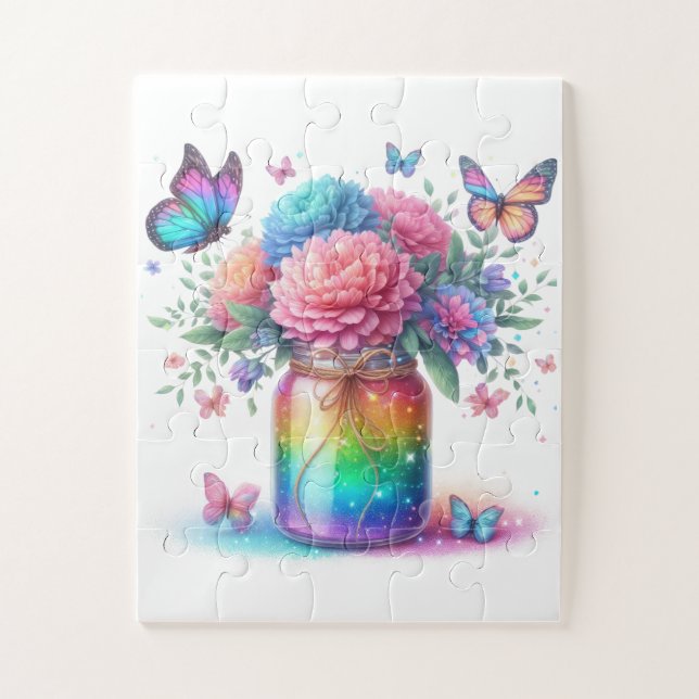Puzzle Puzzle-Papillon et Fleur Pailletés Arc-en-Ciel  (Vertical)