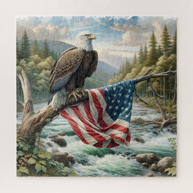 Puzzle Pygargue à tête blanche avec drapeau américain sur (Vertical)