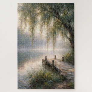 Puzzle Quai du lac brumeux avec saule pleureur