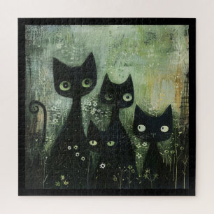Puzzle Quatre chats noirs avec des marguerites sur gris m
