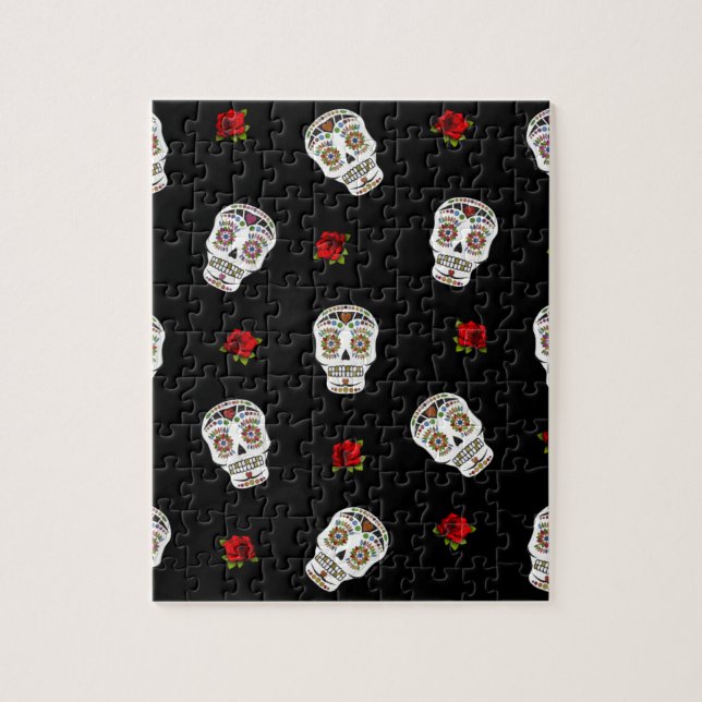 Puzzle RAB Rockabilly Sugar Skulls Roses sur fond noir (Vertical)