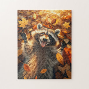 Puzzle Raccoon Jouer dans les feuilles d'automne