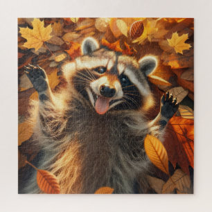 Puzzle Raccoon Jouer dans les feuilles d'automne
