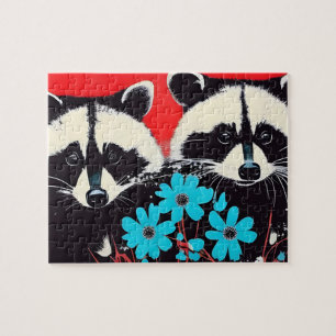 Puzzle Raccoons Adorables Avec Fleurs Bleues Arrière - pl