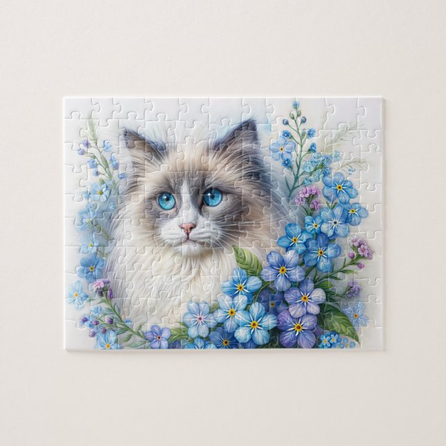 Puzzle Ragdoll Cat Among Forget-Me-Not Flowers (Horizontal)
