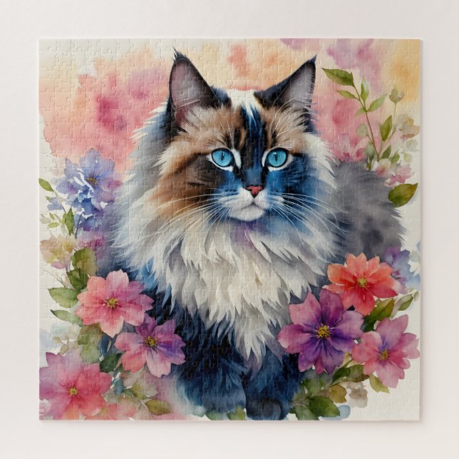 Puzzle Ragdoll Chat Floral Portrait Art (Vertical)