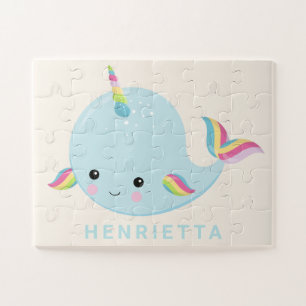 Puzzle Rainbow Narwhal Kawaii Motif Pastel Blue Nom
