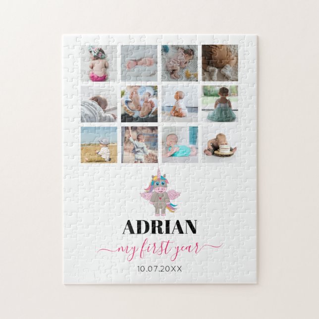 Puzzle Rainbow Unicorn Baby Girl First Year Photo Collage (Vertical)