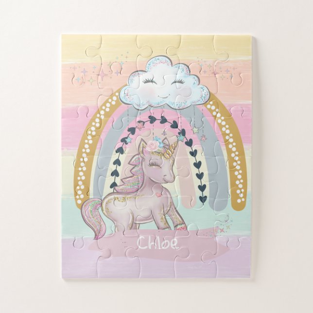 Puzzle 🦄 Rainbow Unicorn Girl Nom personnalisé Coeur (Vertical)