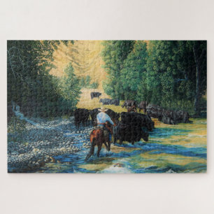 Puzzle Ranch le bétail conduit Angus et cheval à la riv