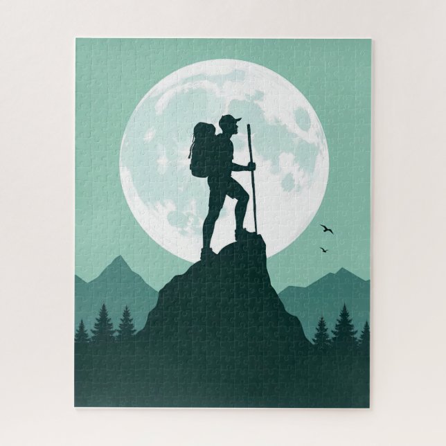 Puzzle Randonneur en silhouette sur un pic avec la lune e (Vertical)