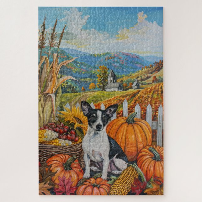 Puzzle Rat Terrier Chien Récolte d'Automne Action de Grâc (Vertical)