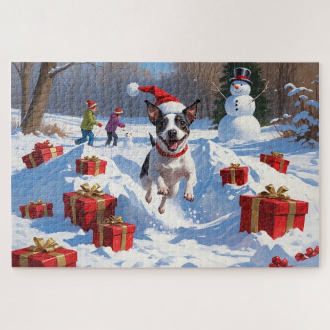 Puzzle Rat Terrier Courir en neige avec Casquette de Noël (Horizontal)