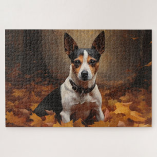 Puzzle Rat Terrier dans les feuilles d'automne qui tomben