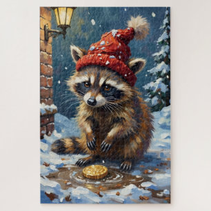Puzzle Raton laveur lavant un chapeau de Noël en or volé