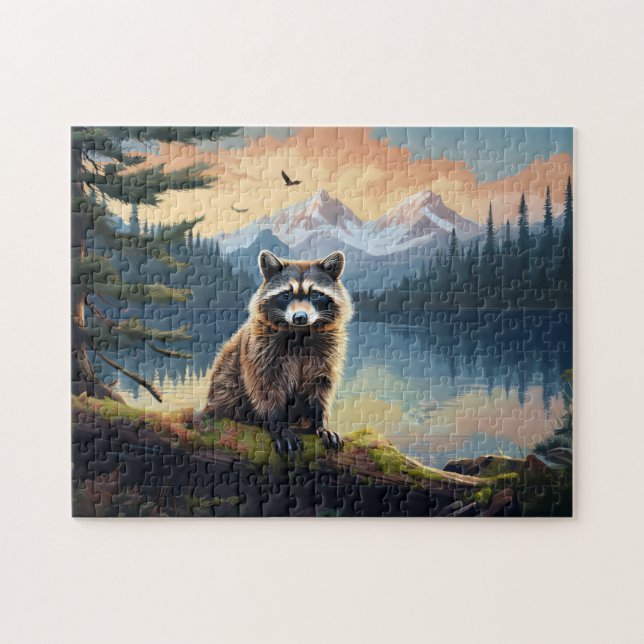 Puzzle Raton laveur sur un lac boisé (Horizontal)