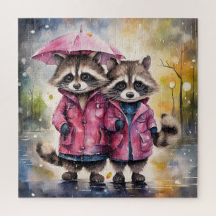 Puzzle Raton laveurs mignons sous la pluie