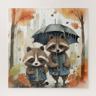Puzzle Raton laveurs mignons sous la pluie