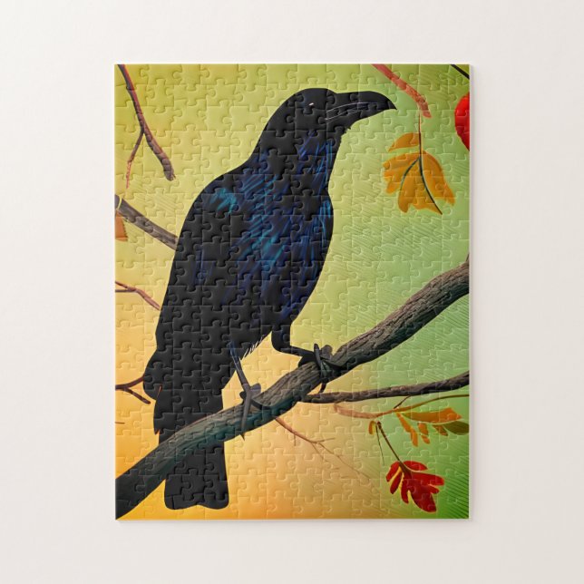 Puzzle Raven De Plaisir Entouré Sur Branche (Vertical)