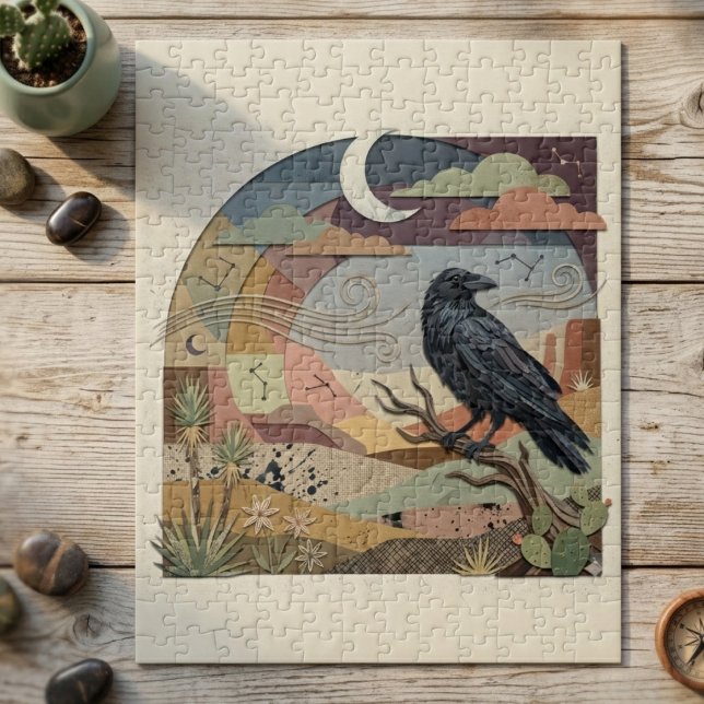 Puzzle Raven & Desert Moon – Oiseau Mystique Gothique (Raven desert moon jigsaw puzzle)