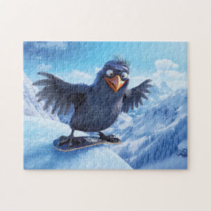 Puzzle Raven faisant du snowboard en style Toon en hiver