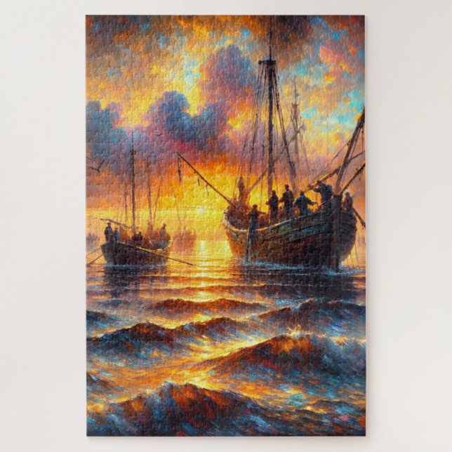 Puzzle Récupération des pêcheurs au coucher du soleil (Vertical)