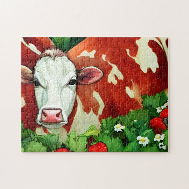 Puzzle Red and White Dairy Cow in a Strawberry Patch  (Horizontal)