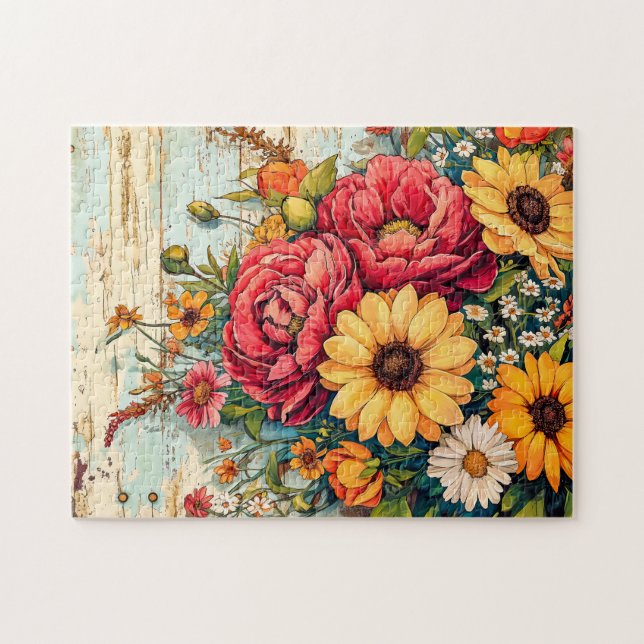 Puzzle Red and Yellow Garden Flowers on Wood (Horizontal)
