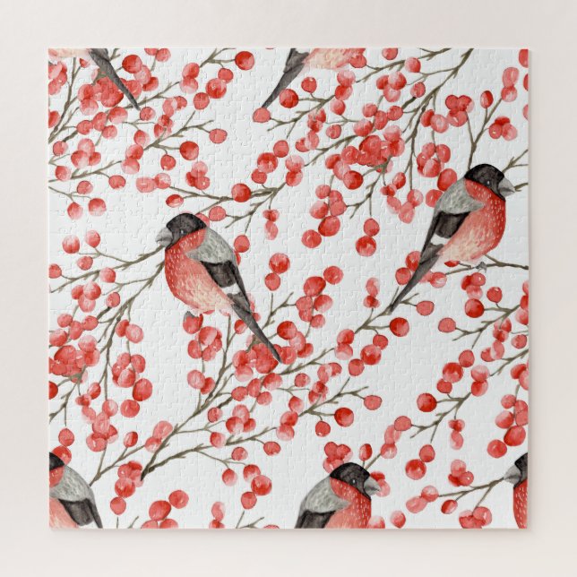 Puzzle Red Berries Bullfinches Motif aquarelle (Vertical)