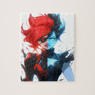 Puzzle Red Blue Fire Ice Comic Style Anime Girl
