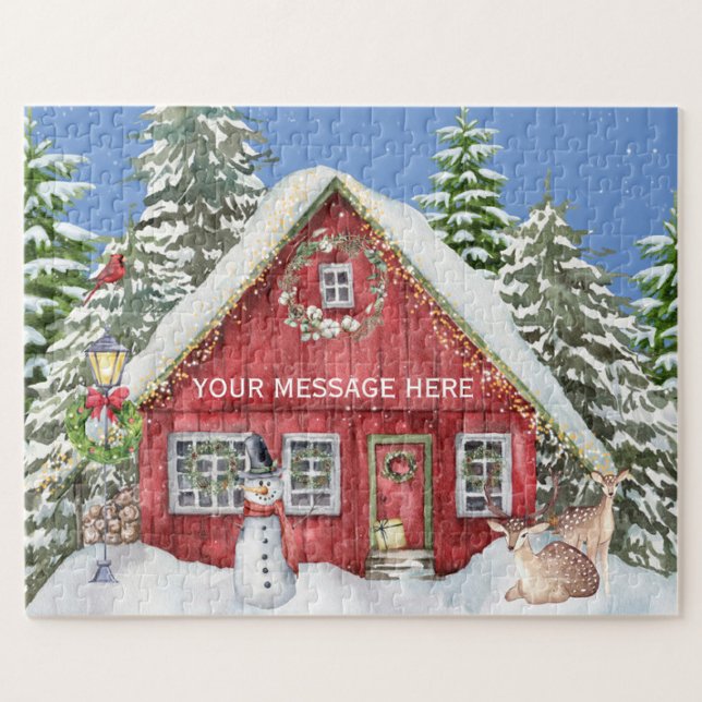 Puzzle Red Country House Snow Holiday Scène personnalisée (Créateur téléchargé)