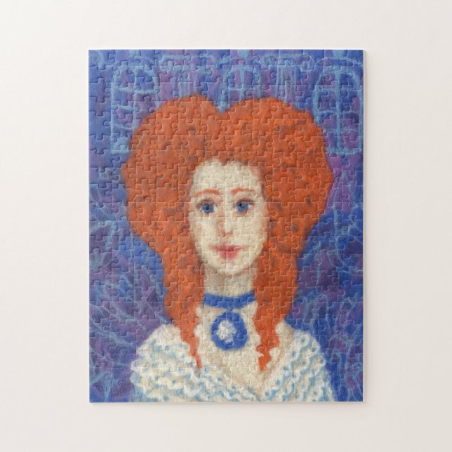 Puzzle Red Hair, ginger girl rococo fiber art blue orange (Vertical)