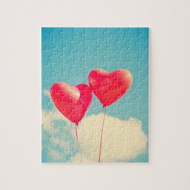 Puzzle Red Heart Balloons Against Cloudy Sky (Vertical)