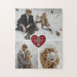 Puzzle Red Heart Nom de famille Photo Collage Noël<br><div class="desc">Créez un superbe puzzle photo de Noël avec 3 photos décorées de neige tombante et d'un coeur plaid de buffle rouge avec un texte personnalisé et un flocon de neige à l'intérieur.</div>